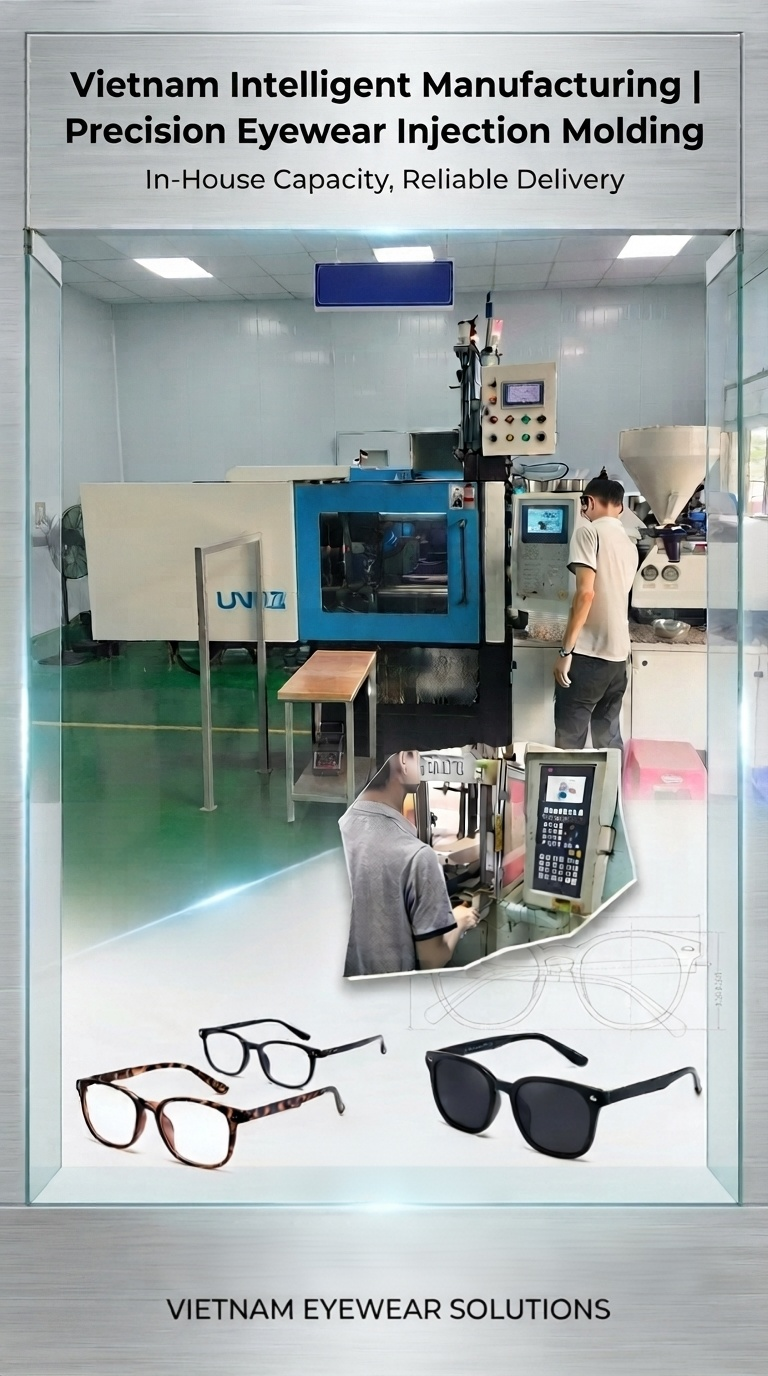 Wir präsentieren unsere eigene intelligente Präzisionsspritzgusswerkstatt in unserem Brillenproduktionszentrum in Vietnam.